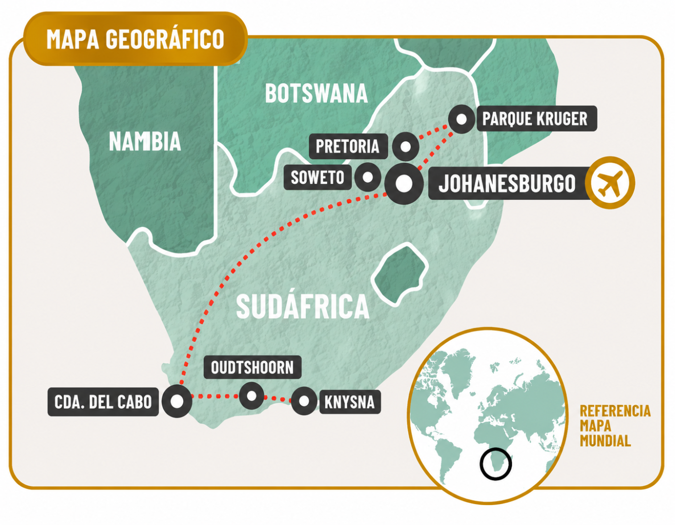 Mapa del recorrido SUDÁFRICA DESLUMBRANTE 2027