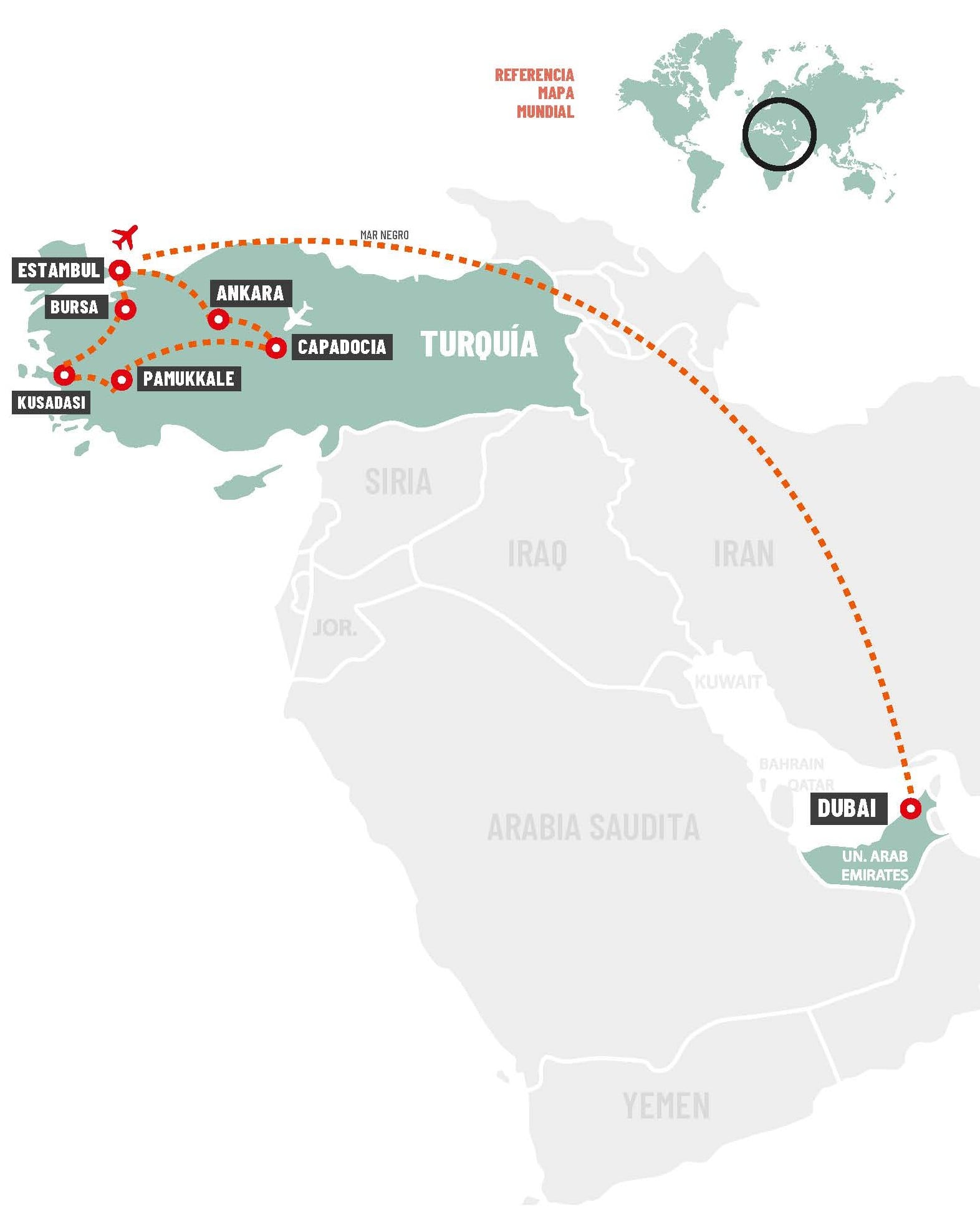 Mapa del recorrido TURQUÍA Y DUBÁI 2026